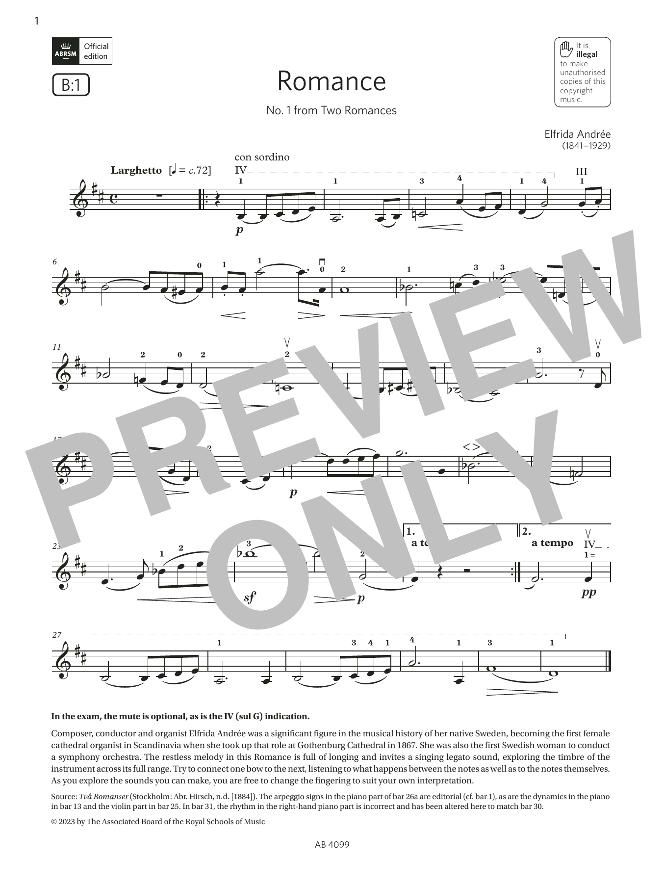 Elfrida Andrée Romance (Grade 5, B1, from the ABRSM Violin Syllabus from 2024) Sheet Music Notes & Chords for Violin Solo - Download or Print PDF
