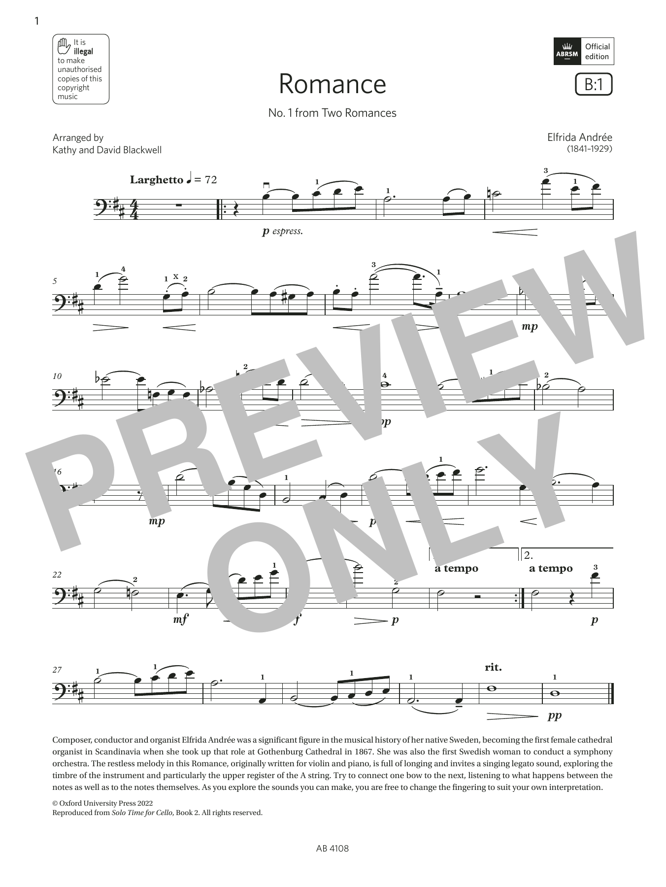 Elfrida Andrée Romance No. 1 (Grade 5, B1, from the ABRSM Cello Syllabus from 2024) Sheet Music Notes & Chords for Cello Solo - Download or Print PDF