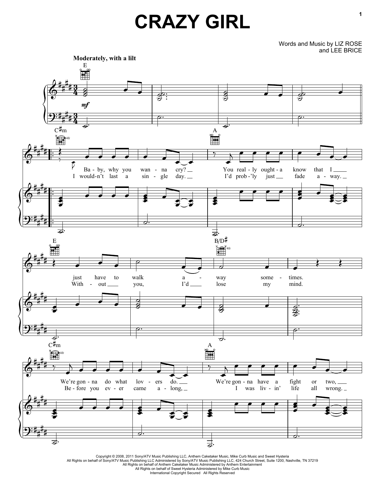 Eli Young Band Crazy Girl Sheet Music Notes & Chords for Piano, Vocal & Guitar (Right-Hand Melody) - Download or Print PDF