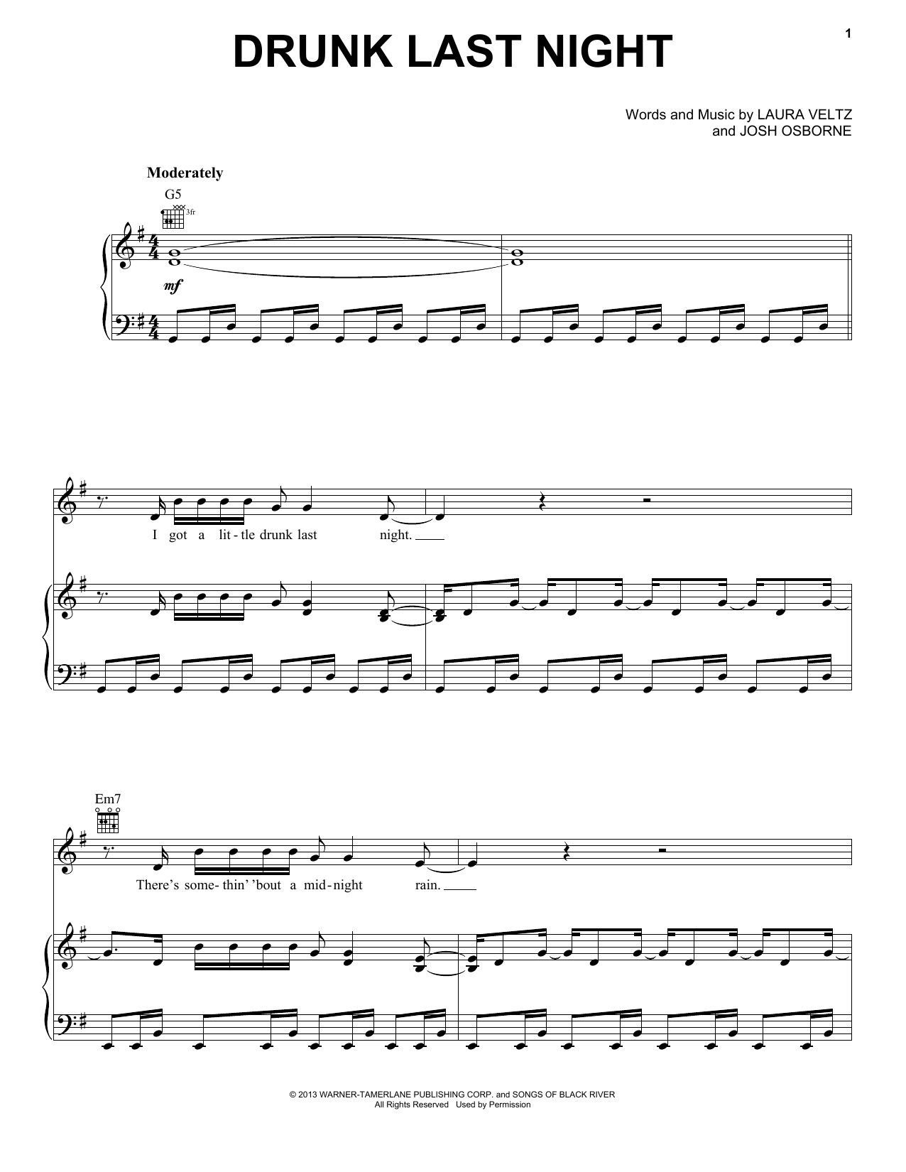 Eli Young Band Drunk Last Night Sheet Music Notes & Chords for Piano, Vocal & Guitar (Right-Hand Melody) - Download or Print PDF