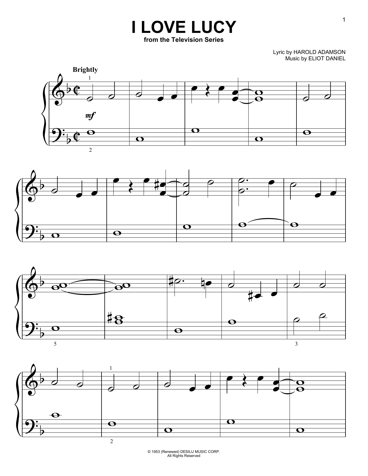 Eliot Daniel I Love Lucy Sheet Music Notes & Chords for Big Note Piano - Download or Print PDF
