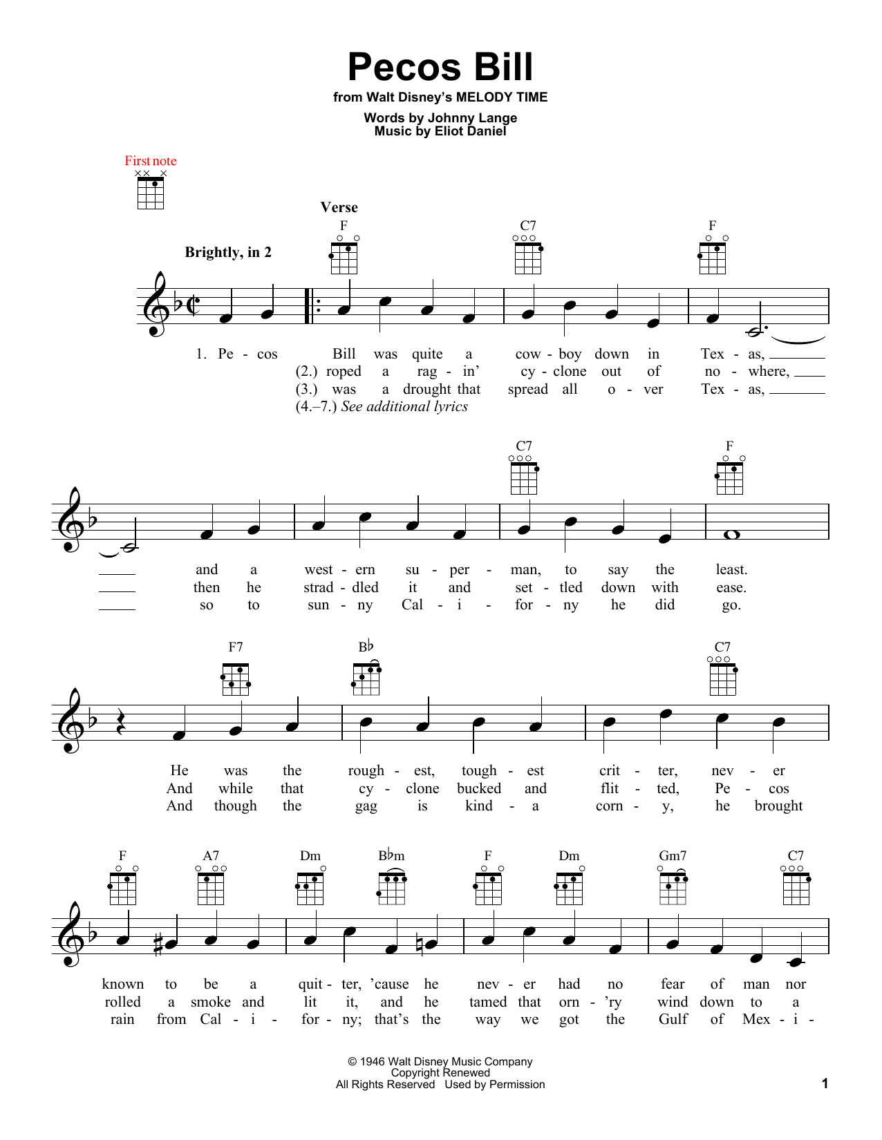 Eliot Daniel Pecos Bill Sheet Music Notes & Chords for Ukulele - Download or Print PDF
