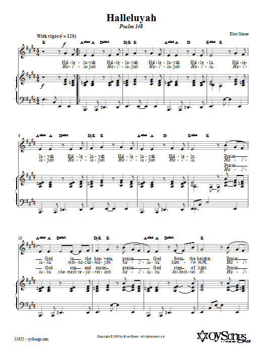 Eliot Glaser Halleluyah (Psalm 148) Sheet Music Notes & Chords for Piano, Vocal & Guitar (Right-Hand Melody) - Download or Print PDF