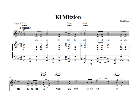 Eliot Glaser Ki Mitzion Sheet Music Notes & Chords for Piano, Vocal & Guitar (Right-Hand Melody) - Download or Print PDF