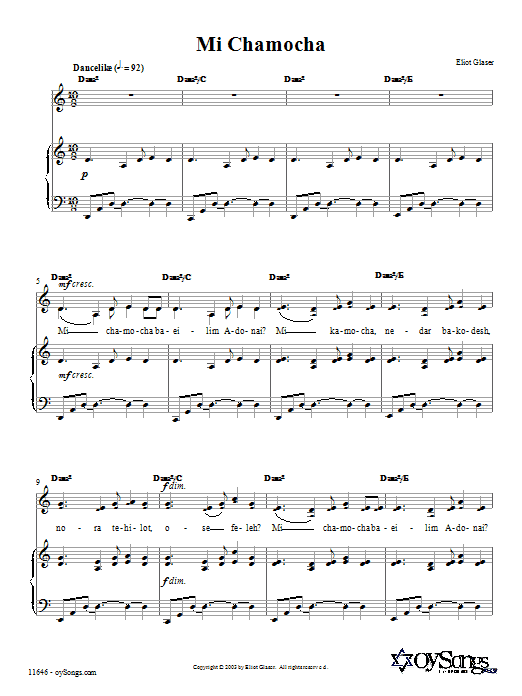 Eliot Glaser Mi Chamocha Sheet Music Notes & Chords for Piano, Vocal & Guitar (Right-Hand Melody) - Download or Print PDF