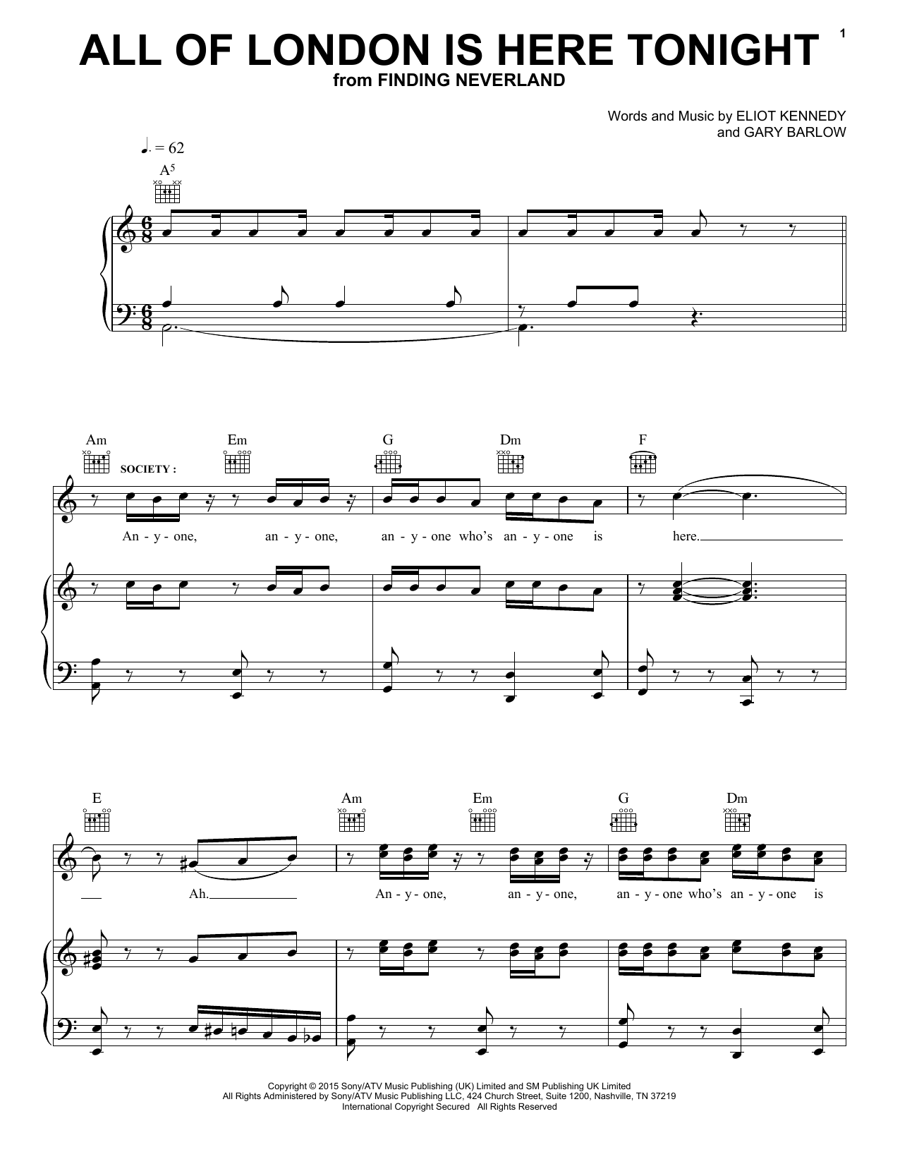 Eliot Kennedy All Of London Is Here Tonight Sheet Music Notes & Chords for Piano, Vocal & Guitar (Right-Hand Melody) - Download or Print PDF