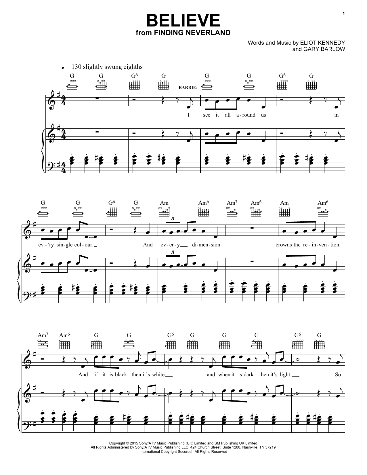 Eliot Kennedy Believe Sheet Music Notes & Chords for Piano, Vocal & Guitar (Right-Hand Melody) - Download or Print PDF