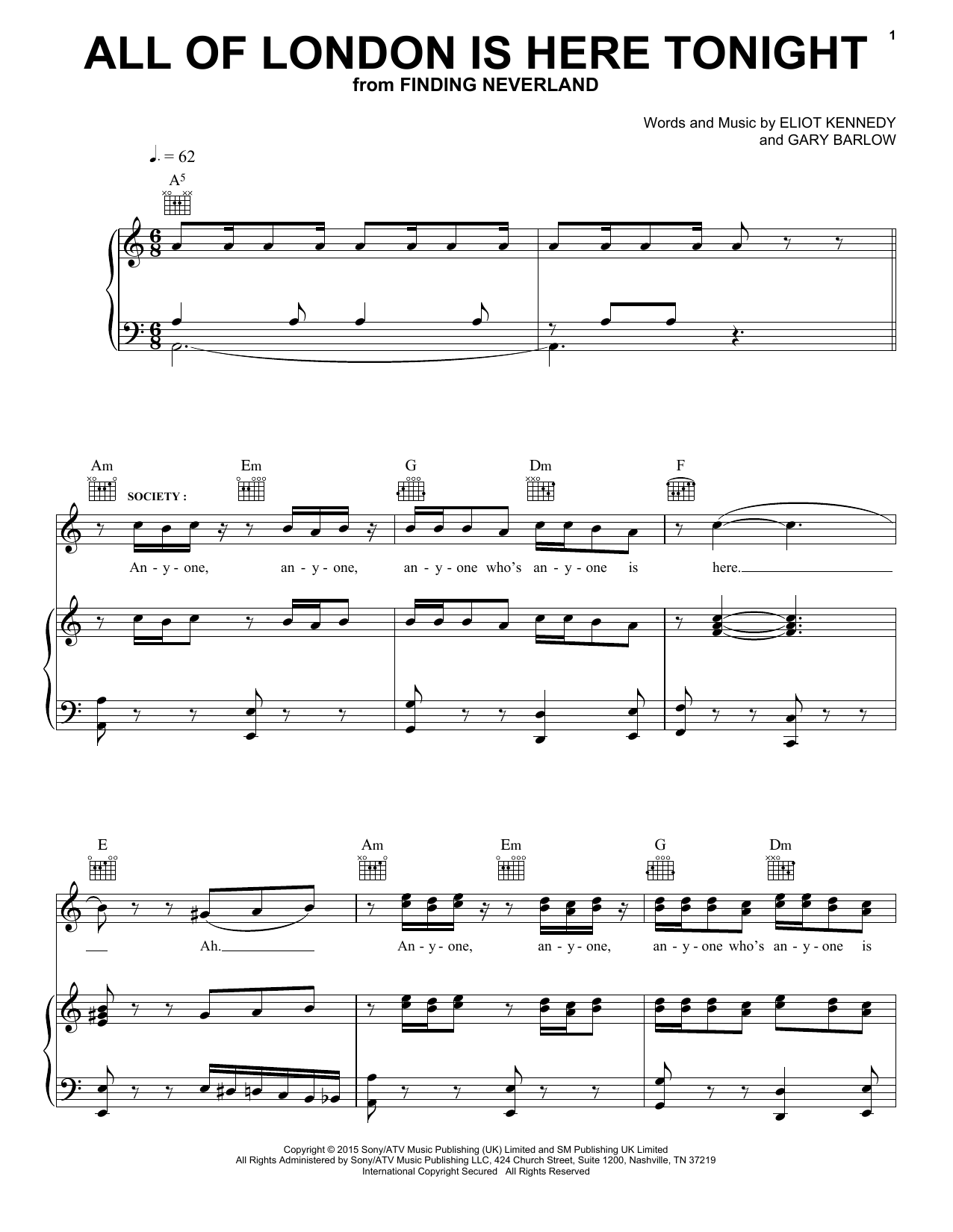Preview Eliot Kennedy All Of London Is Here Tonight Musical/Show sheet music, notes and chords for Piano, Vocal & Guitar (Right-Hand Melody), SKU: 162610 All Of London Is Here Tonight sheet music