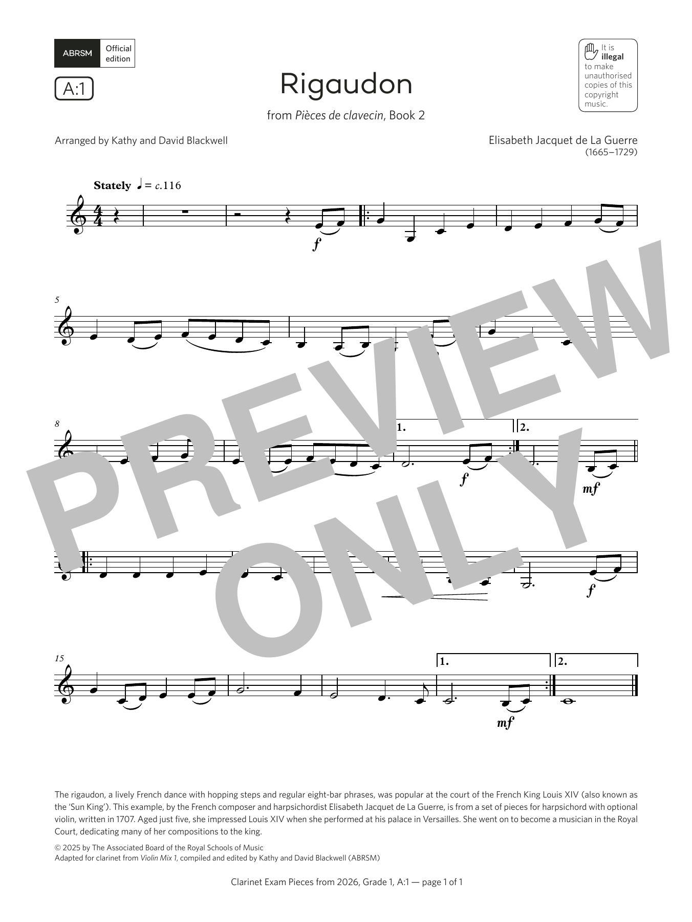 Elisabeth Jacquet de La Guerre Rigaudon (Grade 1, list A1, from the ABRSM Clarinet Syllabus from 2026) Sheet Music Notes & Chords for Clarinet Solo - Download or Print PDF Elisabeth Jacquet de La Guerre Rigaudon (Grade 1, list A1, from the ABRSM Clarinet Syllabus from 2026) Sheet Music Notes & Chords for Clarinet Solo - Download or Print PDF