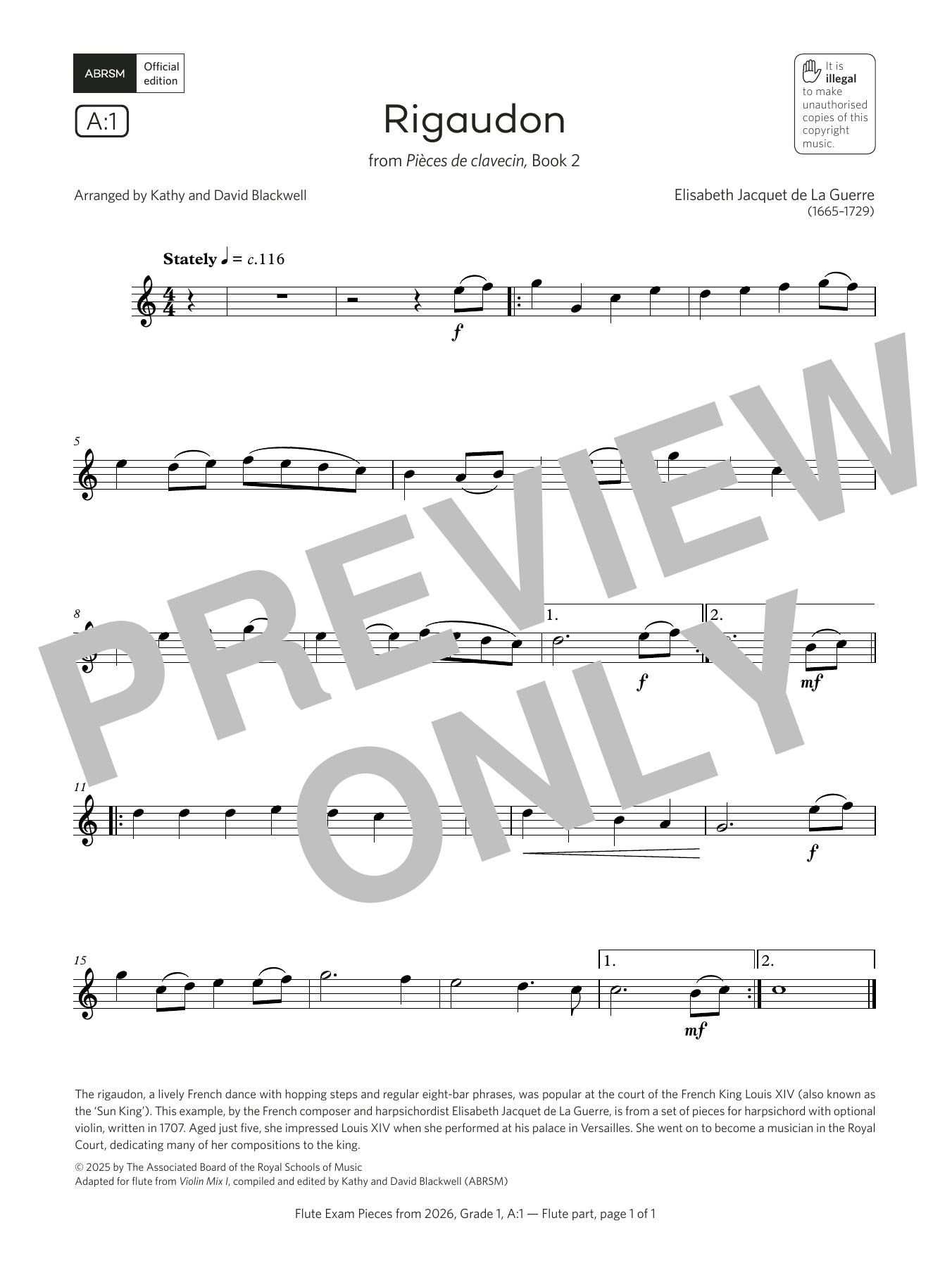 Elisabeth Jacquet de La Guerre Rigaudon (Grade 1, list A1, from the ABRSM Flute Syllabus from 2026) Sheet Music Notes & Chords for Flute Solo - Download or Print PDF Elisabeth Jacquet de La Guerre Rigaudon (Grade 1, list A1, from the ABRSM Flute Syllabus from 2026) Sheet Music Notes & Chords for Flute Solo - Download or Print PDF