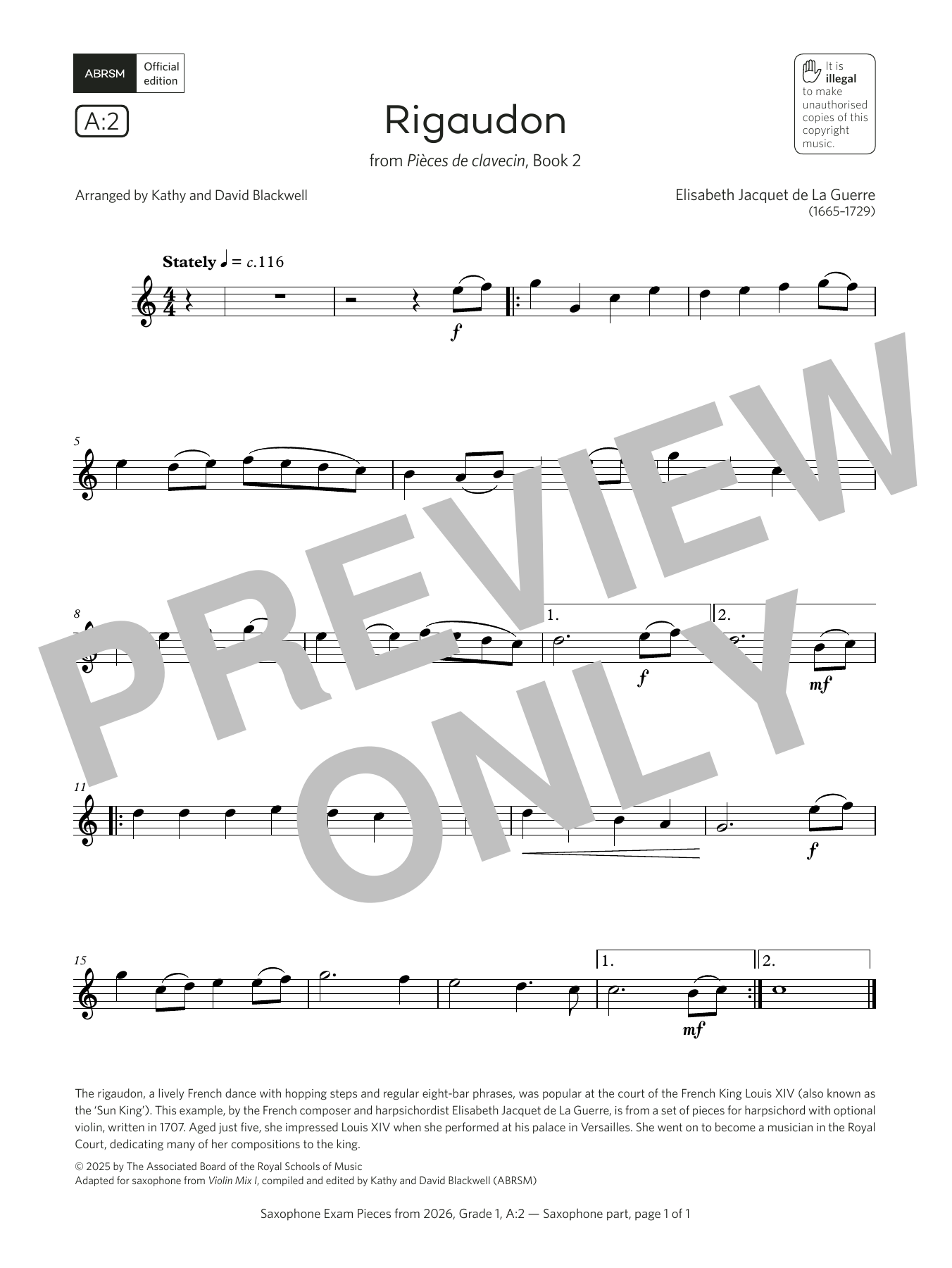 Elisabeth Jacquet de La Guerre Rigaudon (Grade 1, list A2, from the ABRSM Saxophone Syllabus from 2026) Sheet Music Notes & Chords for Alto Sax Solo - Download or Print PDF Elisabeth Jacquet de La Guerre Rigaudon (Grade 1, list A2, from the ABRSM Saxophone Syllabus from 2026) Sheet Music Notes & Chords for Alto Sax Solo - Download or Print PDF