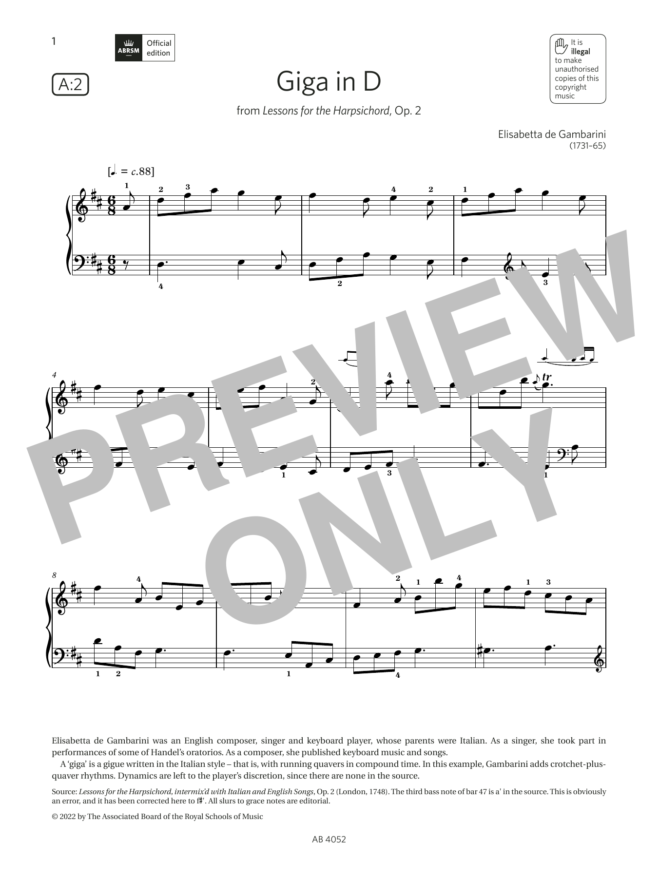 Elisabetta de Gambarini Giga in D (Grade 6, list A2, from the ABRSM Piano Syllabus 2023 & 2024) Sheet Music Notes & Chords for Piano Solo - Download or Print PDF