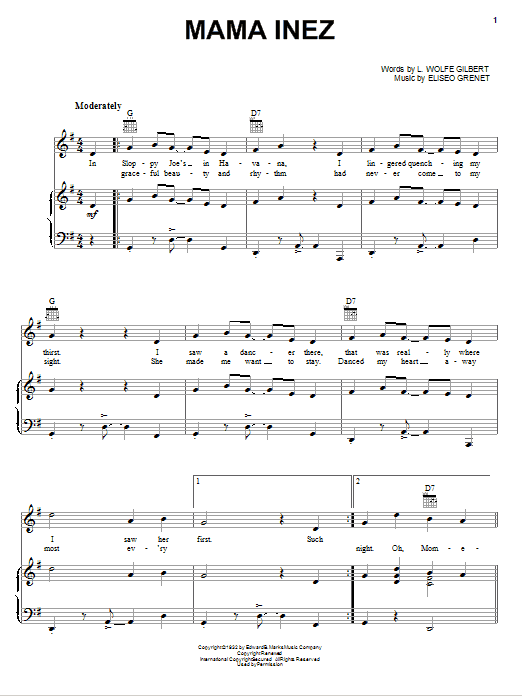 Eliseo Grenet Mama Inez Sheet Music Notes & Chords for Piano, Vocal & Guitar (Right-Hand Melody) - Download or Print PDF