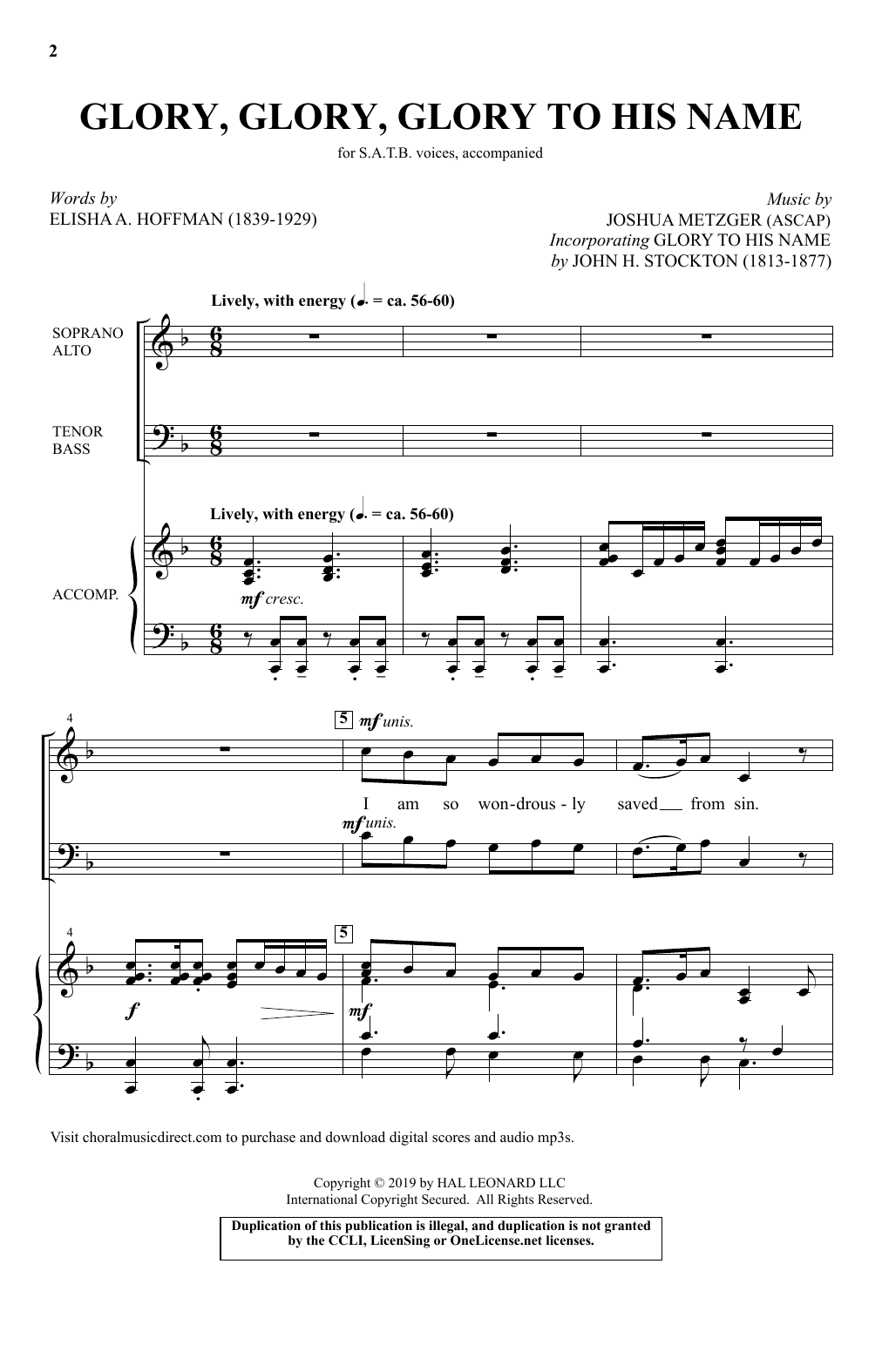 Elisha A. Hoffman and Joshua Metzger Glory, Glory, Glory To His Name Sheet Music Notes & Chords for SATB Choir - Download or Print PDF