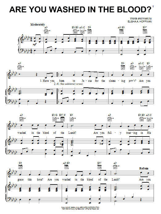Elisha A. Hoffman Are You Washed In The Blood? Sheet Music Notes & Chords for Lyrics & Chords - Download or Print PDF
