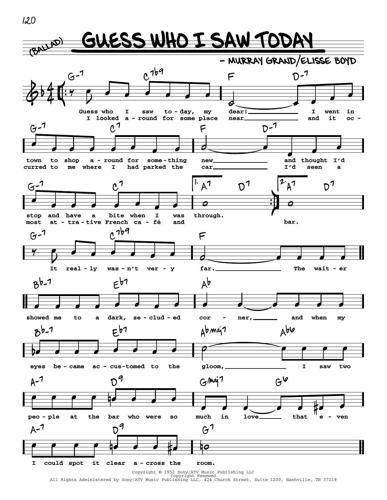 Elisse Boyd Guess Who I Saw Today (High Voice) Sheet Music Notes & Chords for Real Book – Melody, Lyrics & Chords - Download or Print PDF