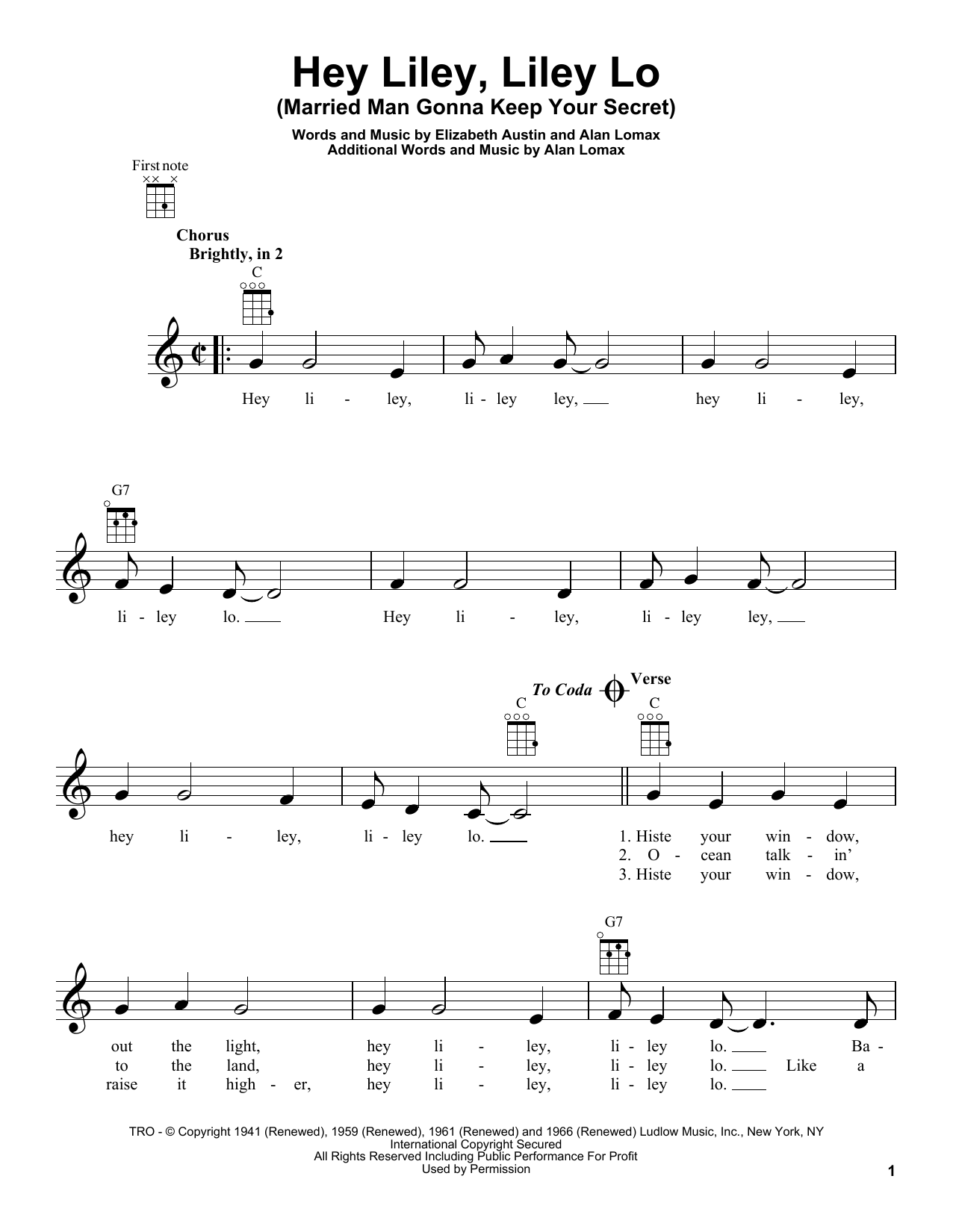 Elizabeth Austin Hey Liley, Liley Lo (Married Man Gonna Keep Your Secret) Sheet Music Notes & Chords for Ukulele - Download or Print PDF