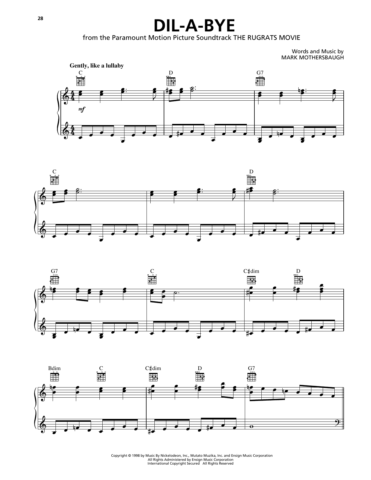 Elizabeth Daily Dil-A-Bye (from The Rugrats Movie) Sheet Music Notes & Chords for Piano, Vocal & Guitar Chords (Right-Hand Melody) - Download or Print PDF