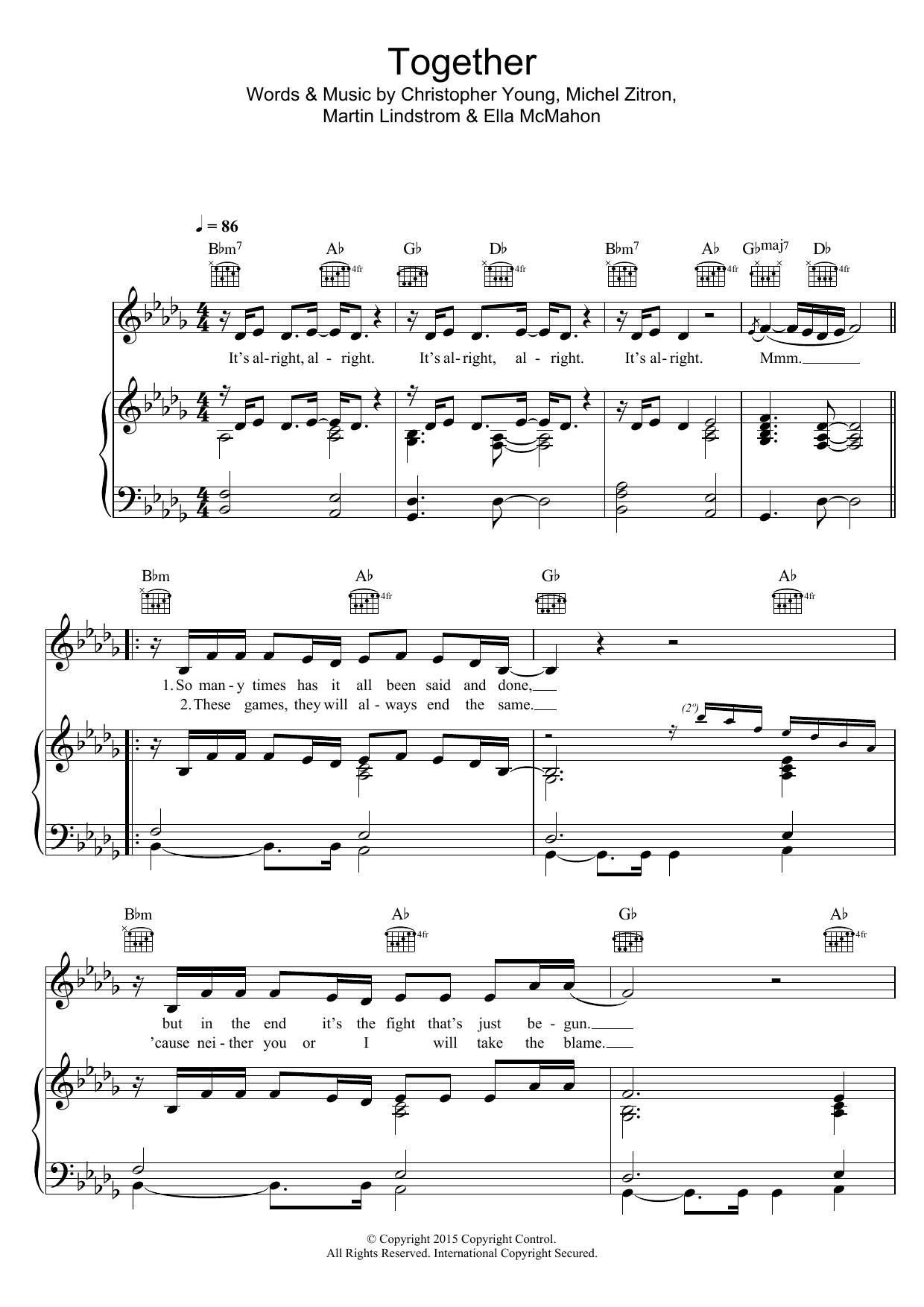 Ella Eyre Together Sheet Music Notes & Chords for Piano, Vocal & Guitar (Right-Hand Melody) - Download or Print PDF