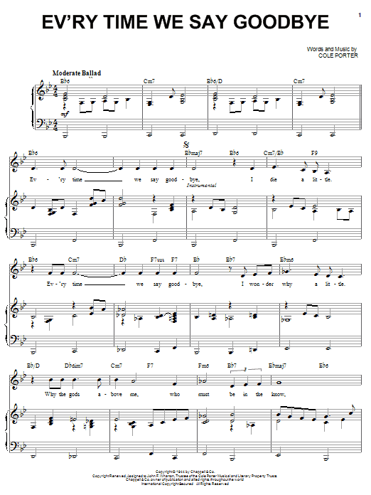 Ella Fitzgerald Ev'ry Time We Say Goodbye Sheet Music Notes & Chords for Piano, Vocal & Guitar (Right-Hand Melody) - Download or Print PDF