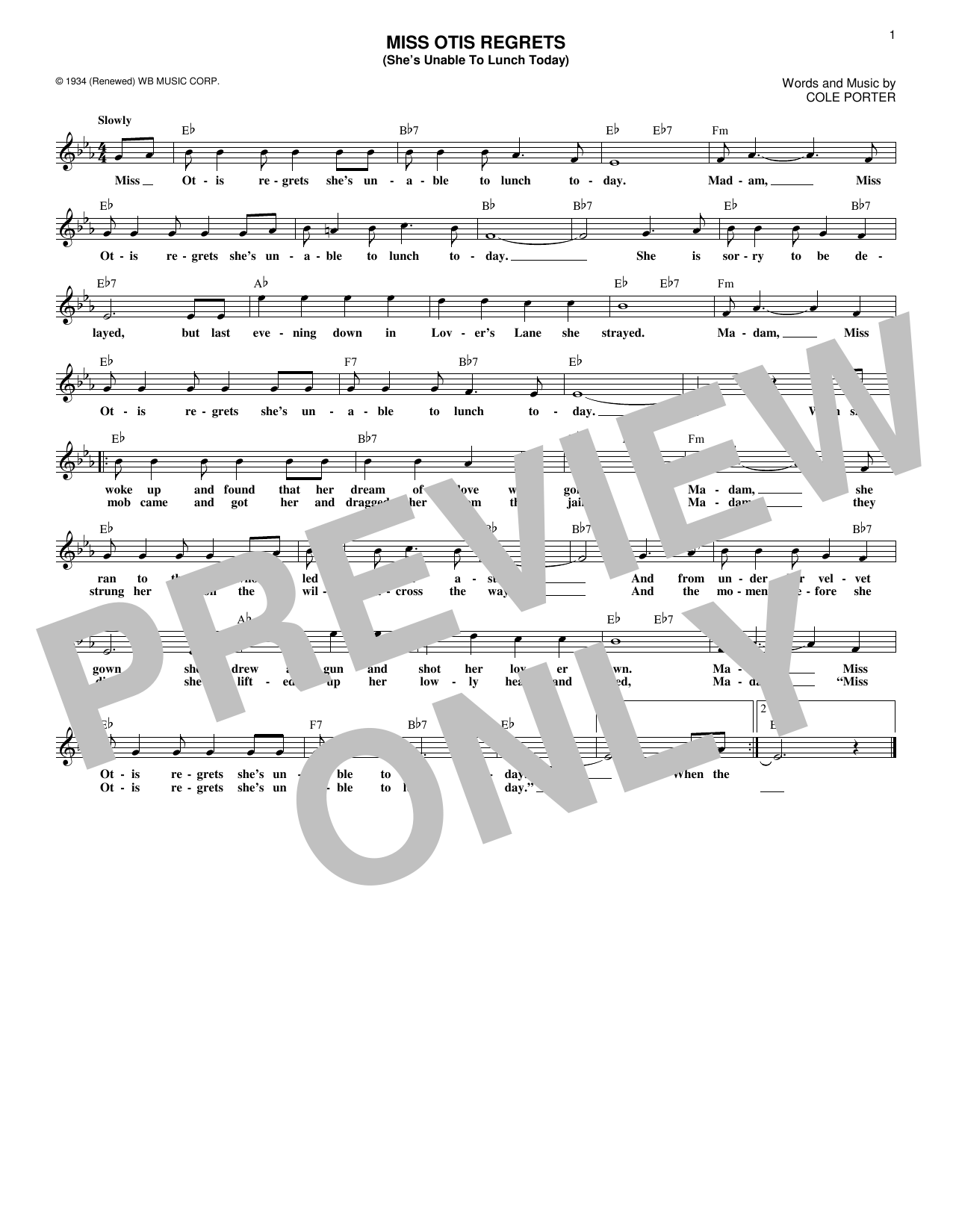 Ella Fitzgerald Miss Otis Regrets (She's Unable To Lunch Today) Sheet Music Notes & Chords for Real Book – Melody & Chords - Download or Print PDF