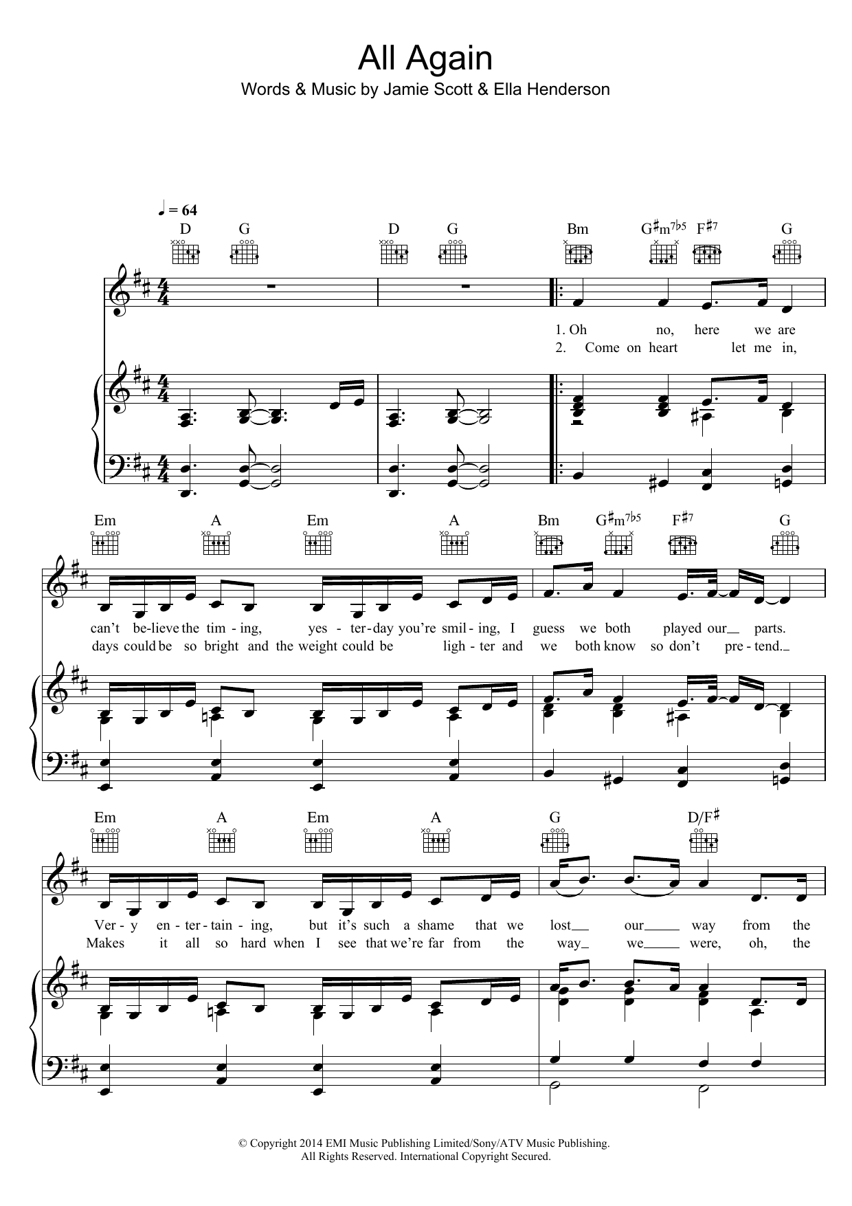 Ella Henderson All Again Sheet Music Notes & Chords for Piano, Vocal & Guitar (Right-Hand Melody) - Download or Print PDF