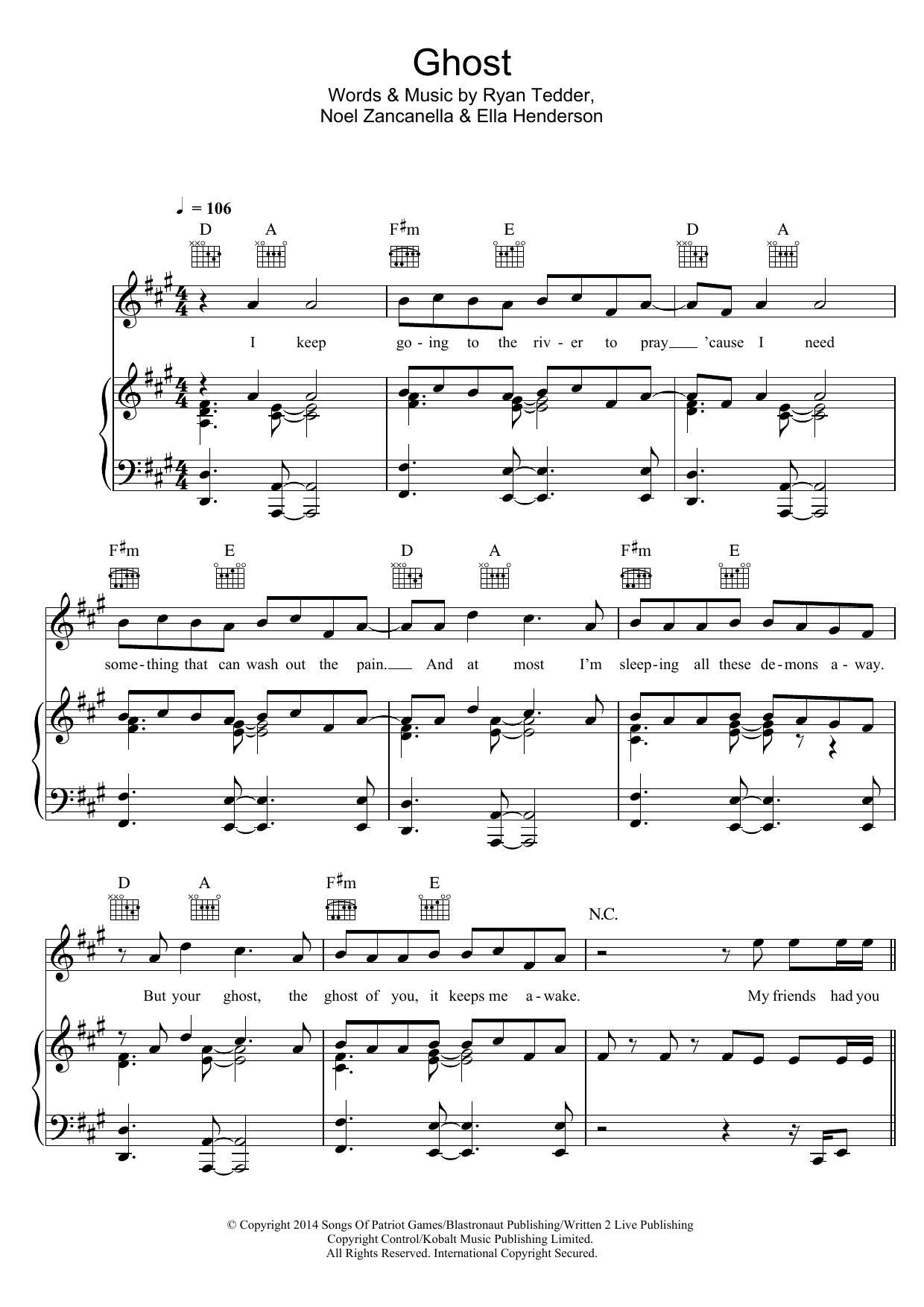 Ella Henderson Ghost Sheet Music Notes & Chords for Lyrics & Chords - Download or Print PDF