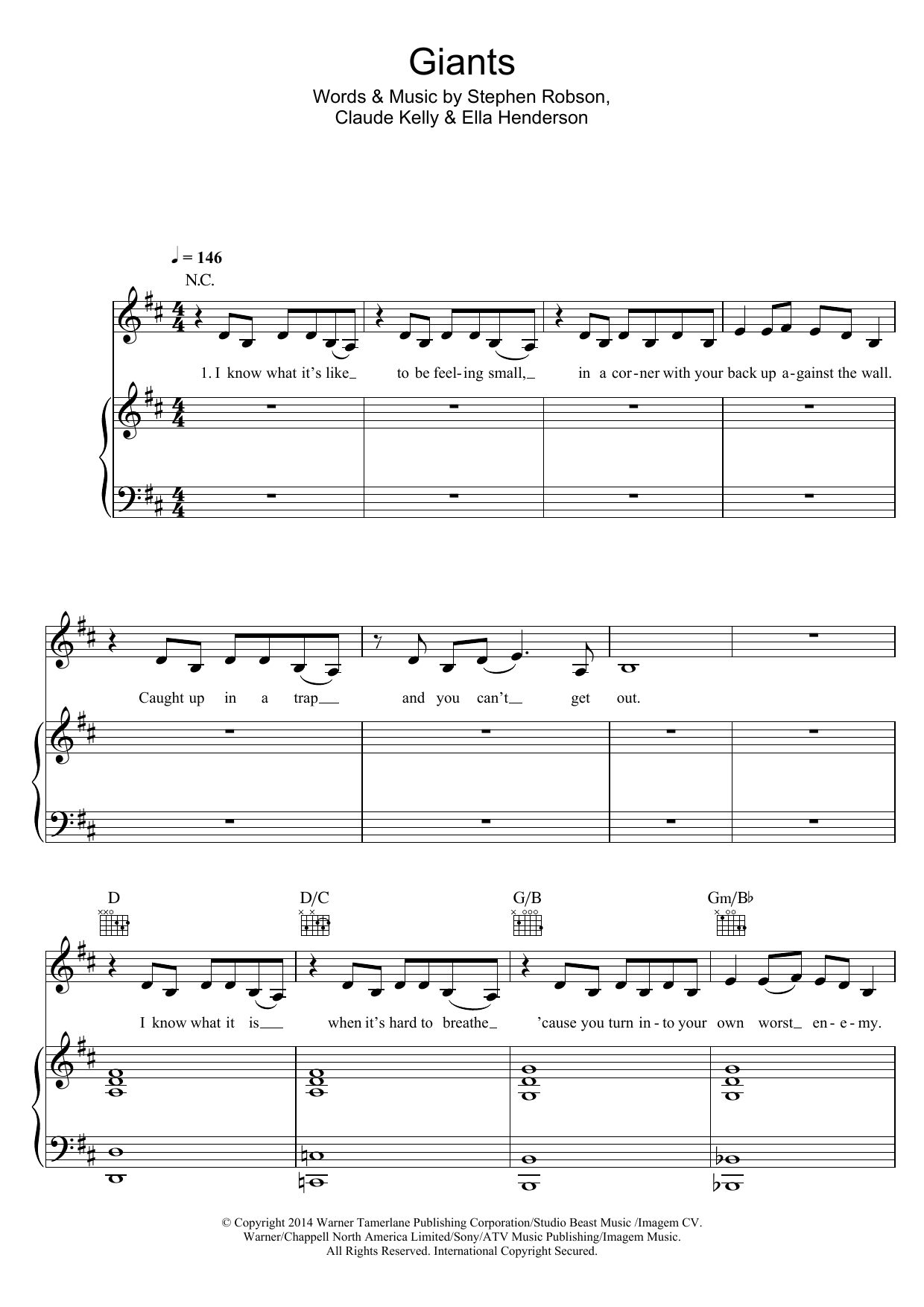 Ella Henderson Giants Sheet Music Notes & Chords for Piano, Vocal & Guitar (Right-Hand Melody) - Download or Print PDF