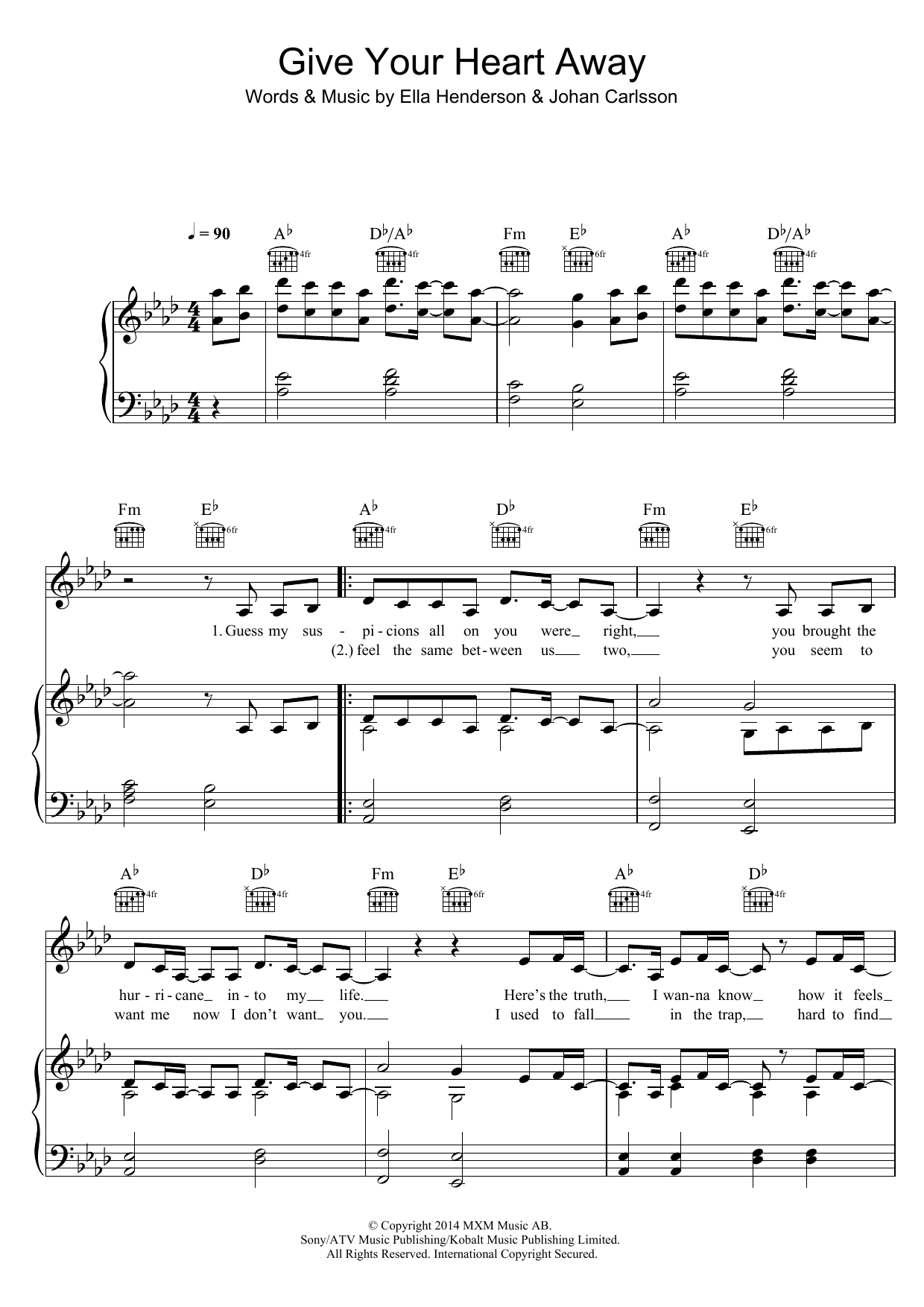 Ella Henderson Give Your Heart Away Sheet Music Notes & Chords for Piano, Vocal & Guitar (Right-Hand Melody) - Download or Print PDF