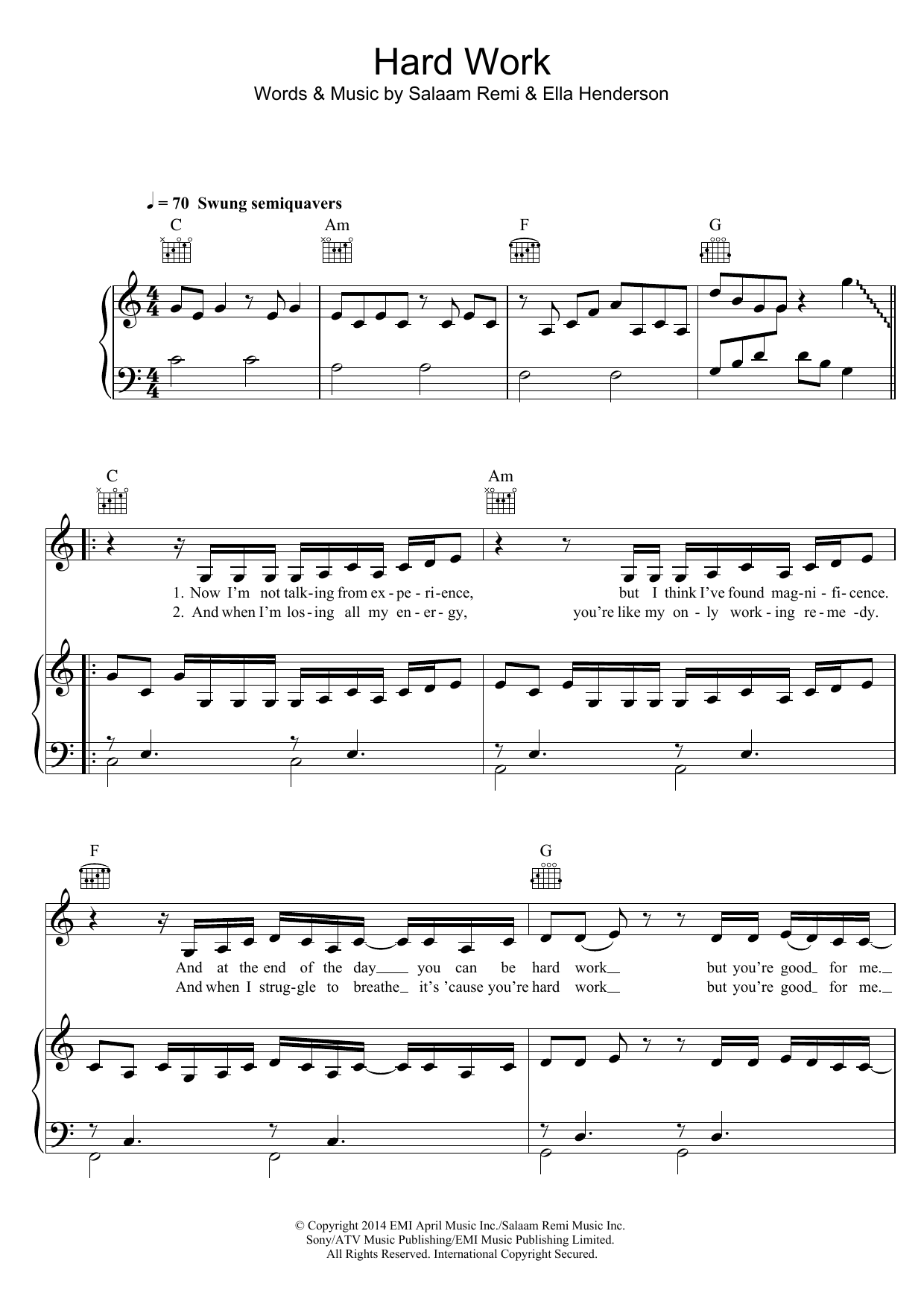 Ella Henderson Hard Work Sheet Music Notes & Chords for Piano, Vocal & Guitar (Right-Hand Melody) - Download or Print PDF
