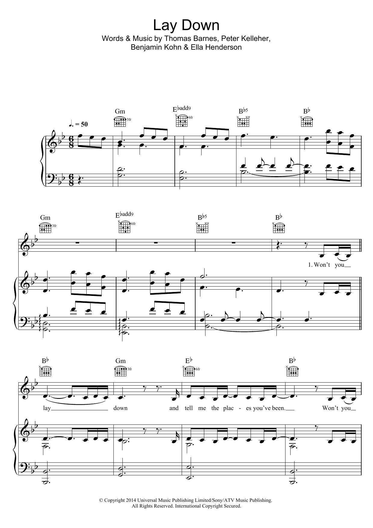Ella Henderson Lay Down Sheet Music Notes & Chords for Piano, Vocal & Guitar (Right-Hand Melody) - Download or Print PDF