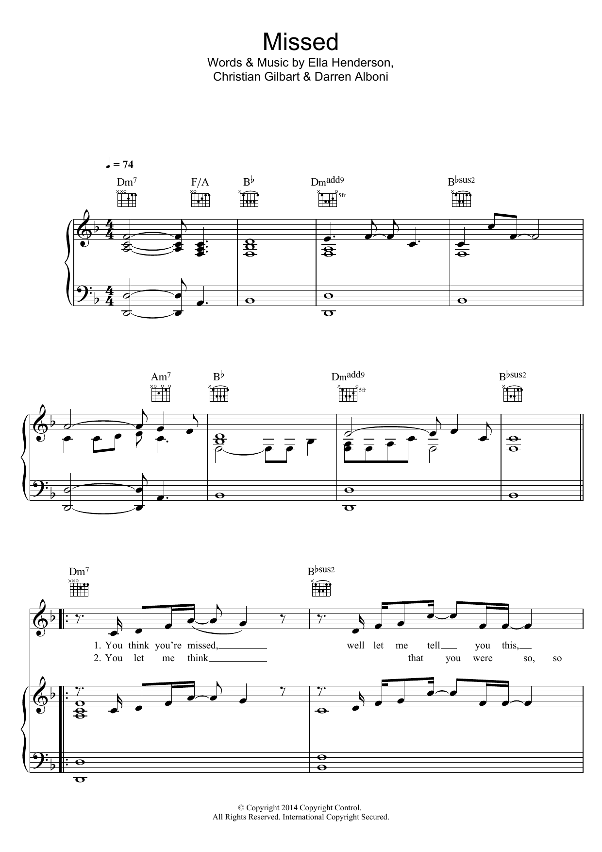 Ella Henderson Missed Sheet Music Notes & Chords for Piano, Vocal & Guitar (Right-Hand Melody) - Download or Print PDF