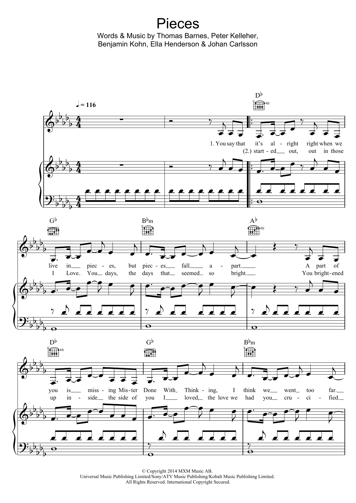 Ella Henderson Pieces Sheet Music Notes & Chords for Piano, Vocal & Guitar (Right-Hand Melody) - Download or Print PDF
