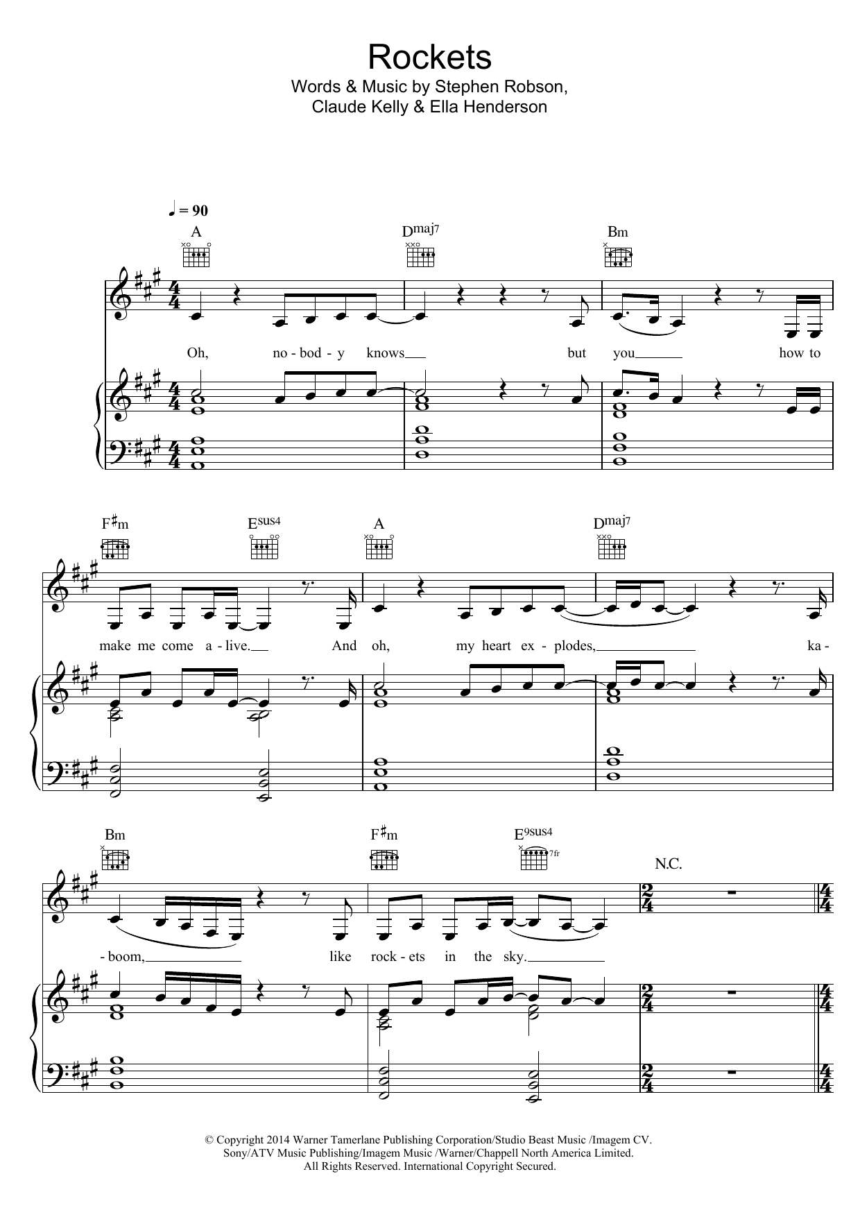 Ella Henderson Rockets Sheet Music Notes & Chords for Piano, Vocal & Guitar (Right-Hand Melody) - Download or Print PDF
