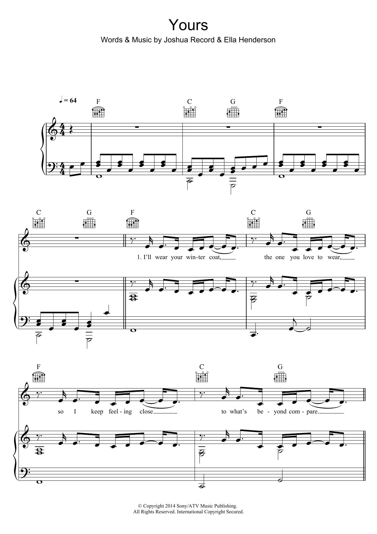 Ella Henderson Yours Sheet Music Notes & Chords for Piano, Vocal & Guitar - Download or Print PDF
