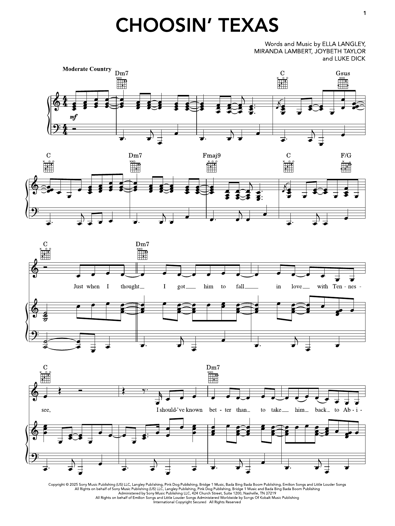 Ella Langley Choosin' Texas Sheet Music Notes & Chords for Super Easy Piano - Download or Print PDF