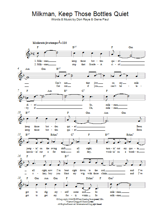 Don Raye Milkman, Keep Those Bottles Quiet Sheet Music Notes & Chords for Melody Line, Lyrics & Chords - Download or Print PDF