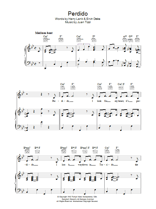 Preview Ella Fitzgerald Perdido Jazz sheet music, notes and chords for Piano, Vocal & Guitar (Right-Hand Melody), SKU: 37389 Perdido sheet music