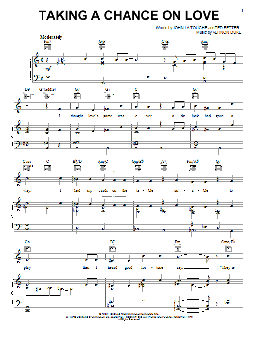Preview Ella Fitzgerald Taking A Chance On Love Jazz sheet music, notes and chords for Piano, Vocal & Guitar (Right-Hand Melody), SKU: 23841 sheet music, piano notes, chords, guitar tabs, score, transpose, transcribe, how to play, guide, download, learn, tutorial, progression, song, artist, awards, billboard, mtv, vh1, tour, single, album, release