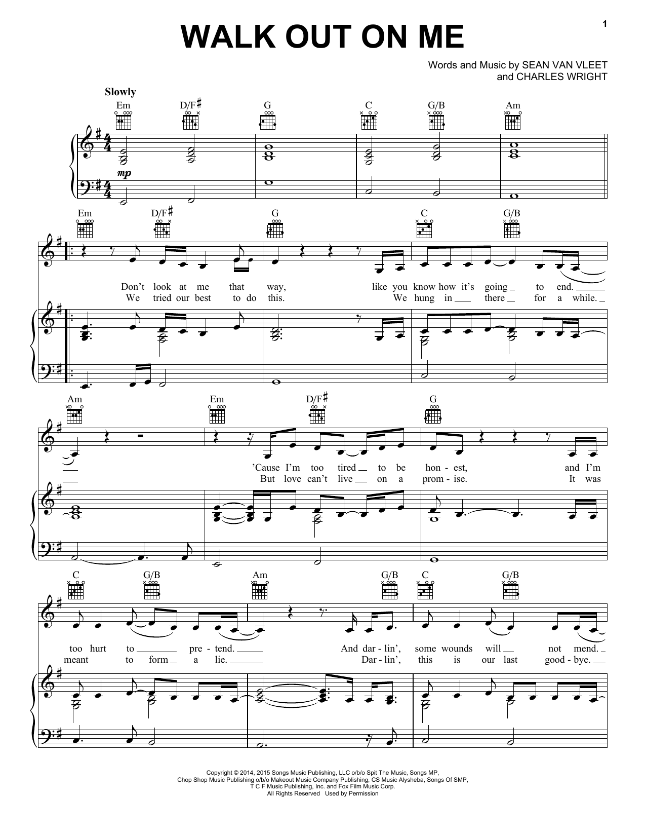 Elle Dallas featuring Courtney Love Walk Out On Me Sheet Music Notes & Chords for Piano, Vocal & Guitar (Right-Hand Melody) - Download or Print PDF