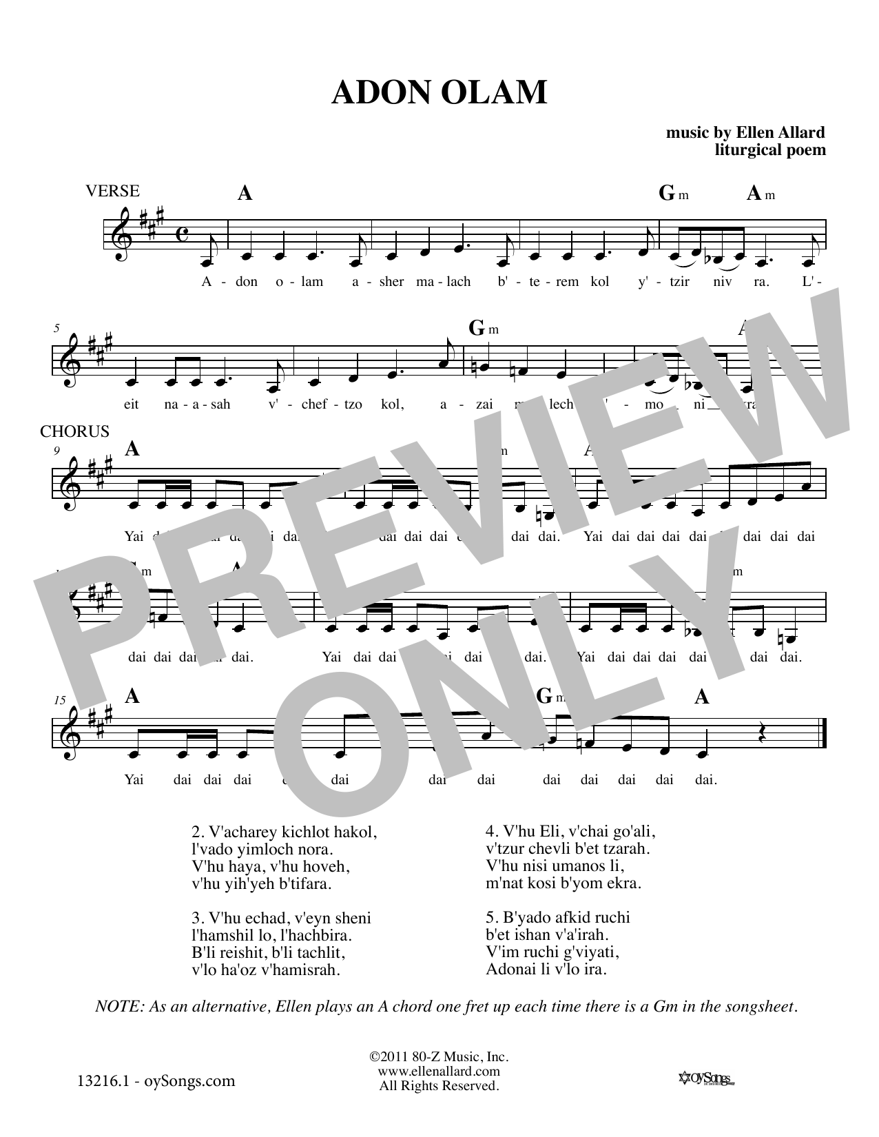 Ellen Allard Adon Olam Sheet Music Notes & Chords for Melody Line, Lyrics & Chords - Download or Print PDF