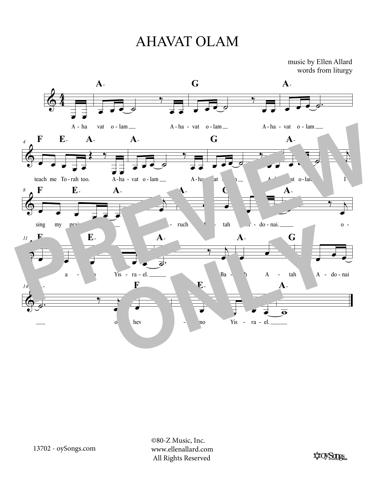 Ellen Allard Ahavat Olam Sheet Music Notes & Chords for Melody Line, Lyrics & Chords - Download or Print PDF