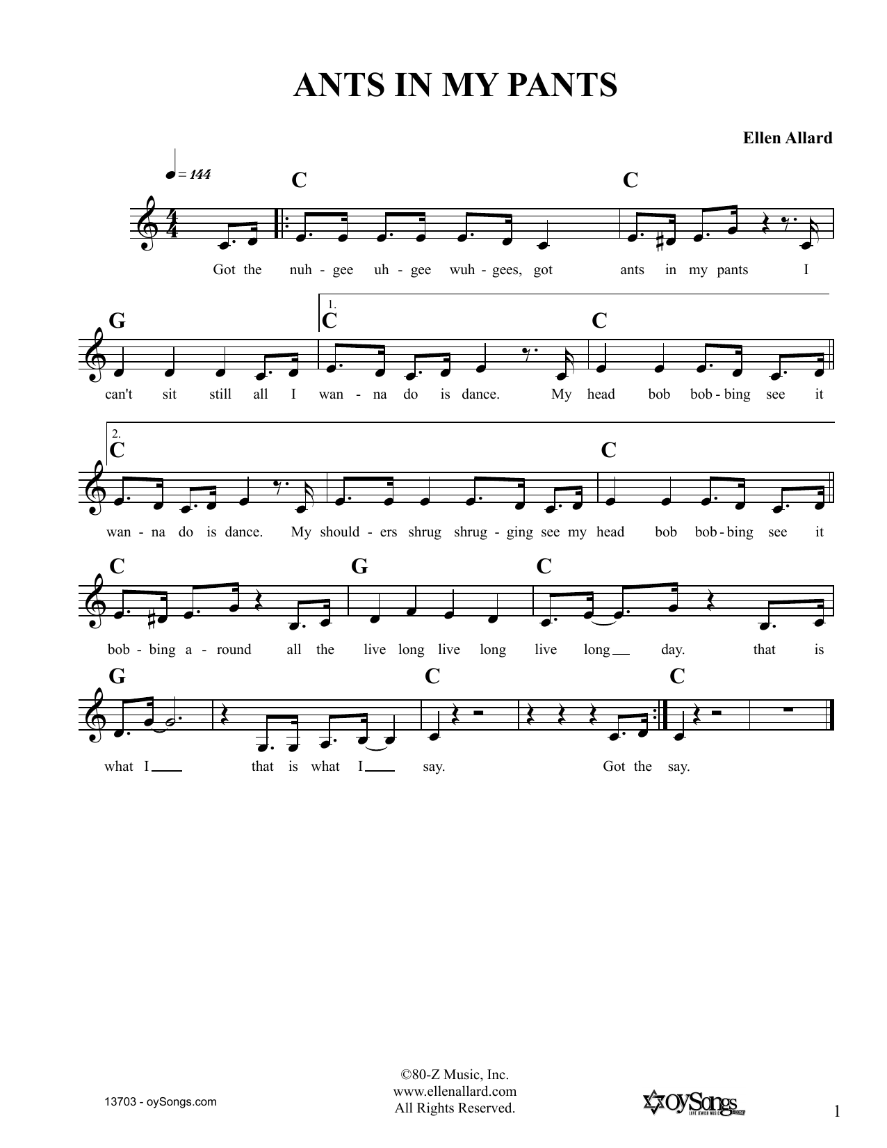 Ellen Allard Ants In My Pants Sheet Music Notes & Chords for Melody Line, Lyrics & Chords - Download or Print PDF