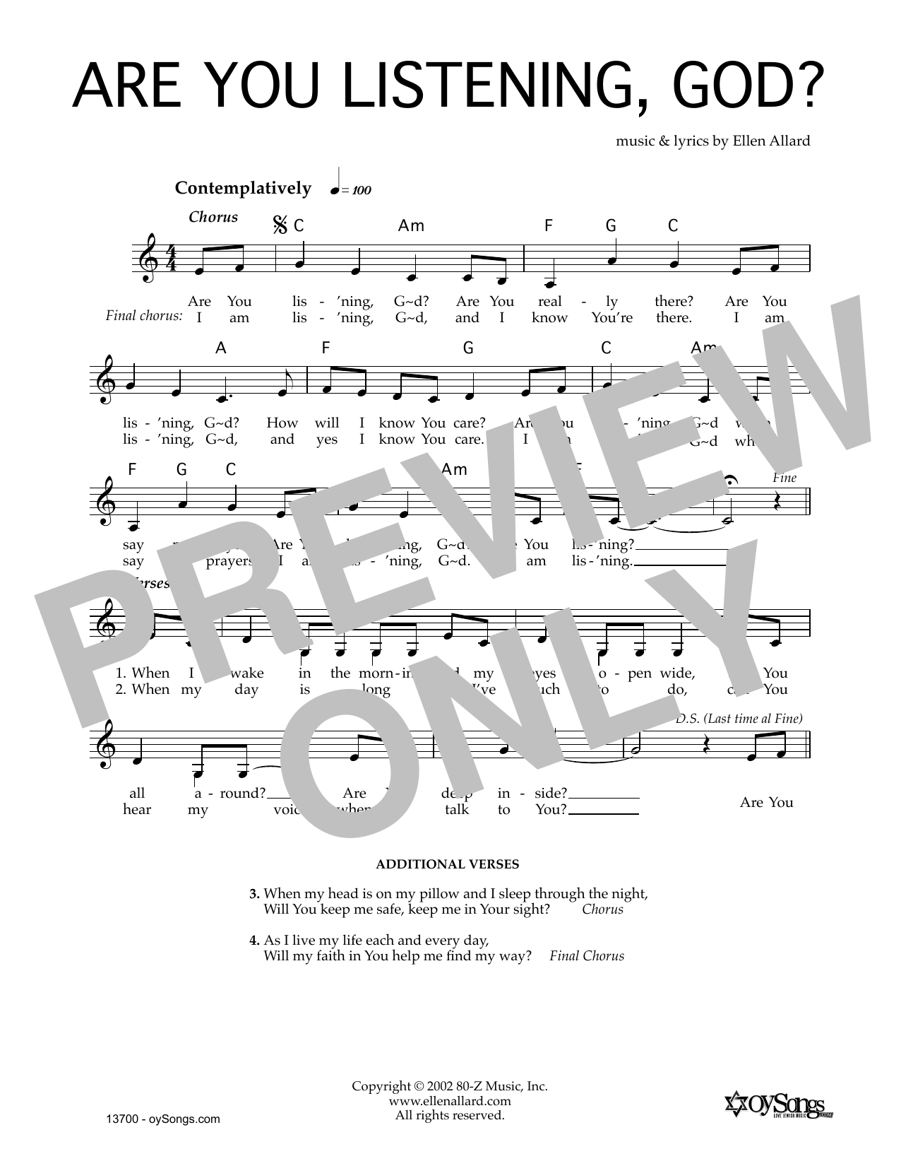 Ellen Allard Are You Listening God Sheet Music Notes & Chords for Melody Line, Lyrics & Chords - Download or Print PDF