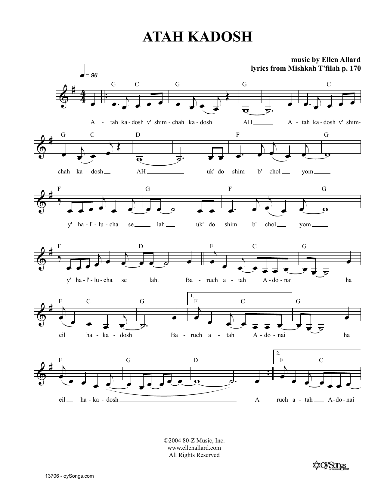 Ellen Allard Atah Kadosh Sheet Music Notes & Chords for Melody Line, Lyrics & Chords - Download or Print PDF