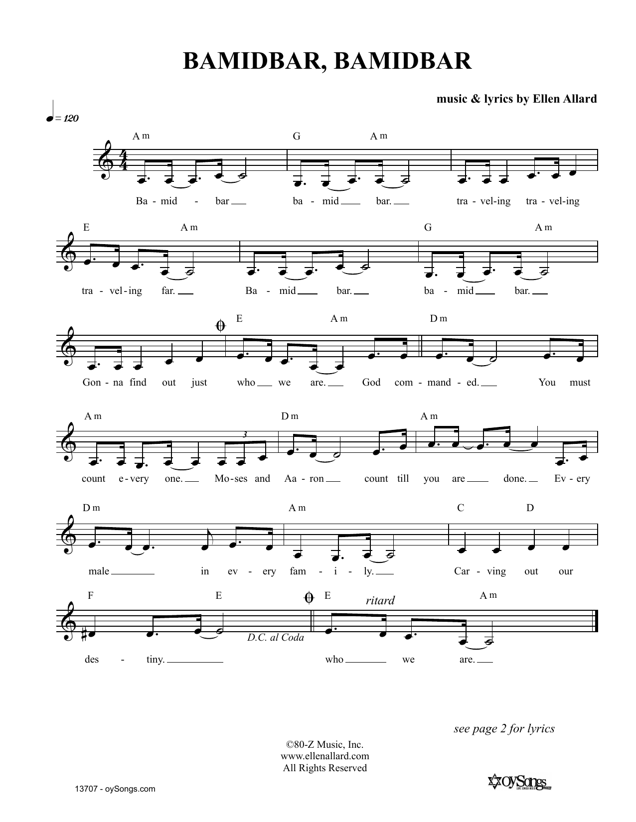 Ellen Allard Bamidbar Bamidbar Sheet Music Notes & Chords for Melody Line, Lyrics & Chords - Download or Print PDF