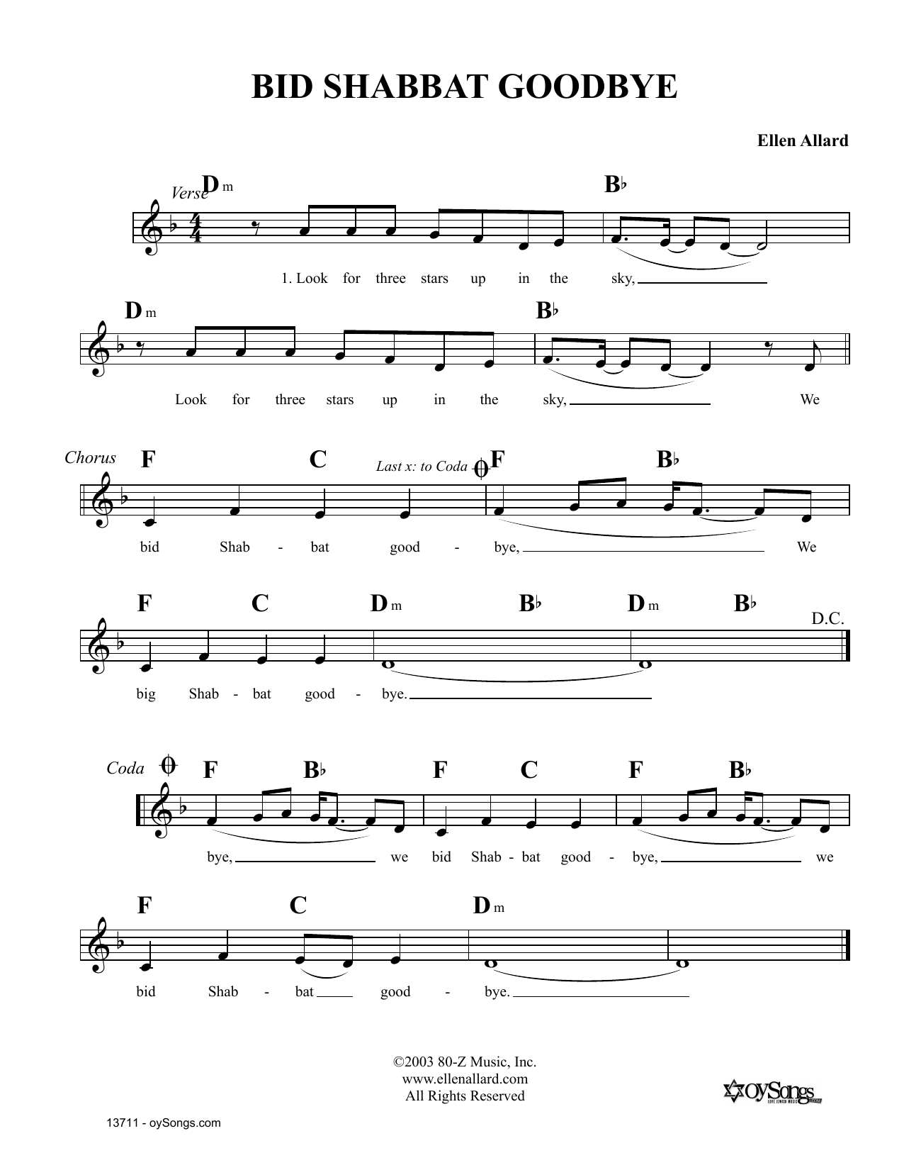 Ellen Allard Bid Shabbat Goodbye Sheet Music Notes & Chords for Melody Line, Lyrics & Chords - Download or Print PDF