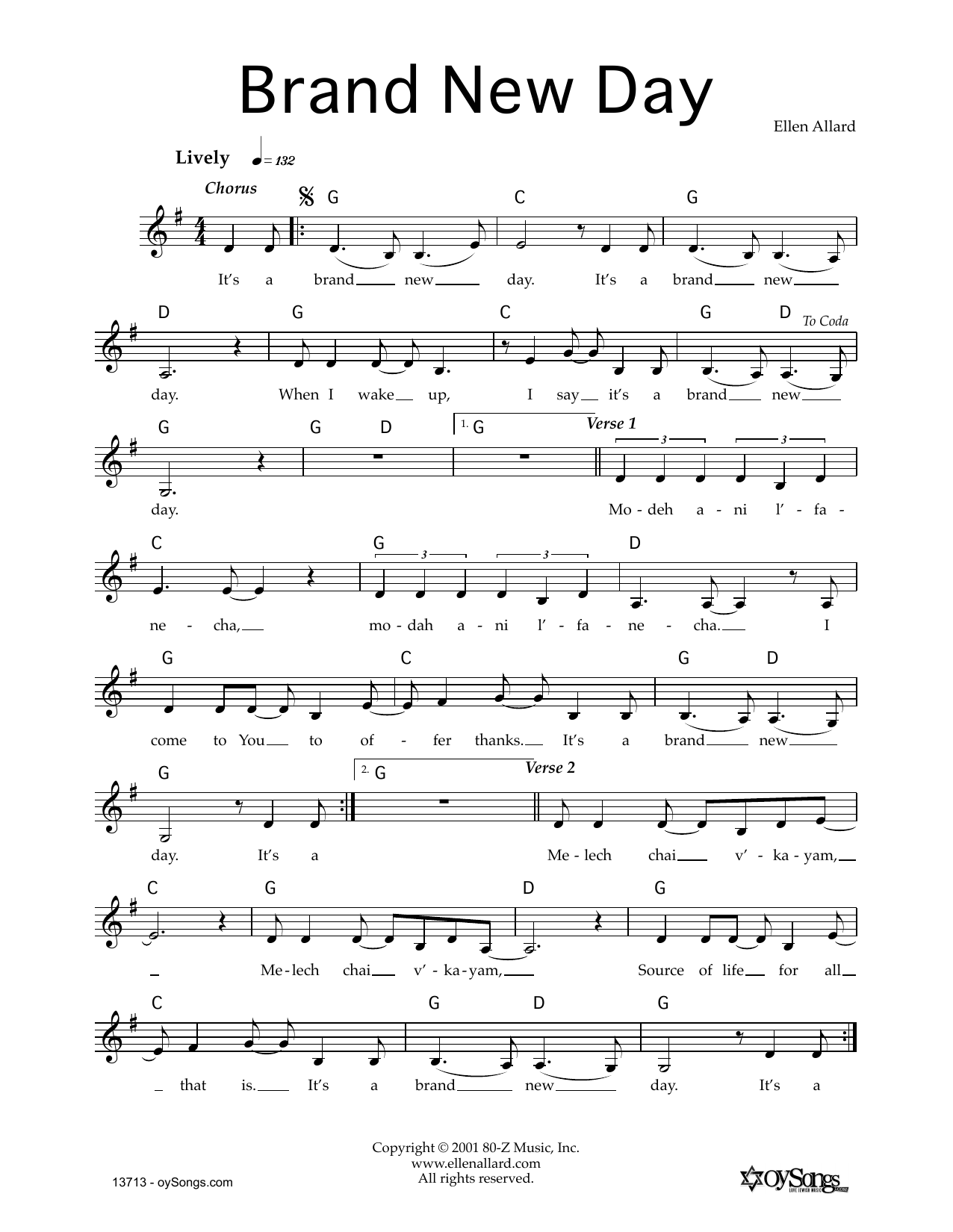 Ellen Allard Brand New Day Sheet Music Notes & Chords for Melody Line, Lyrics & Chords - Download or Print PDF