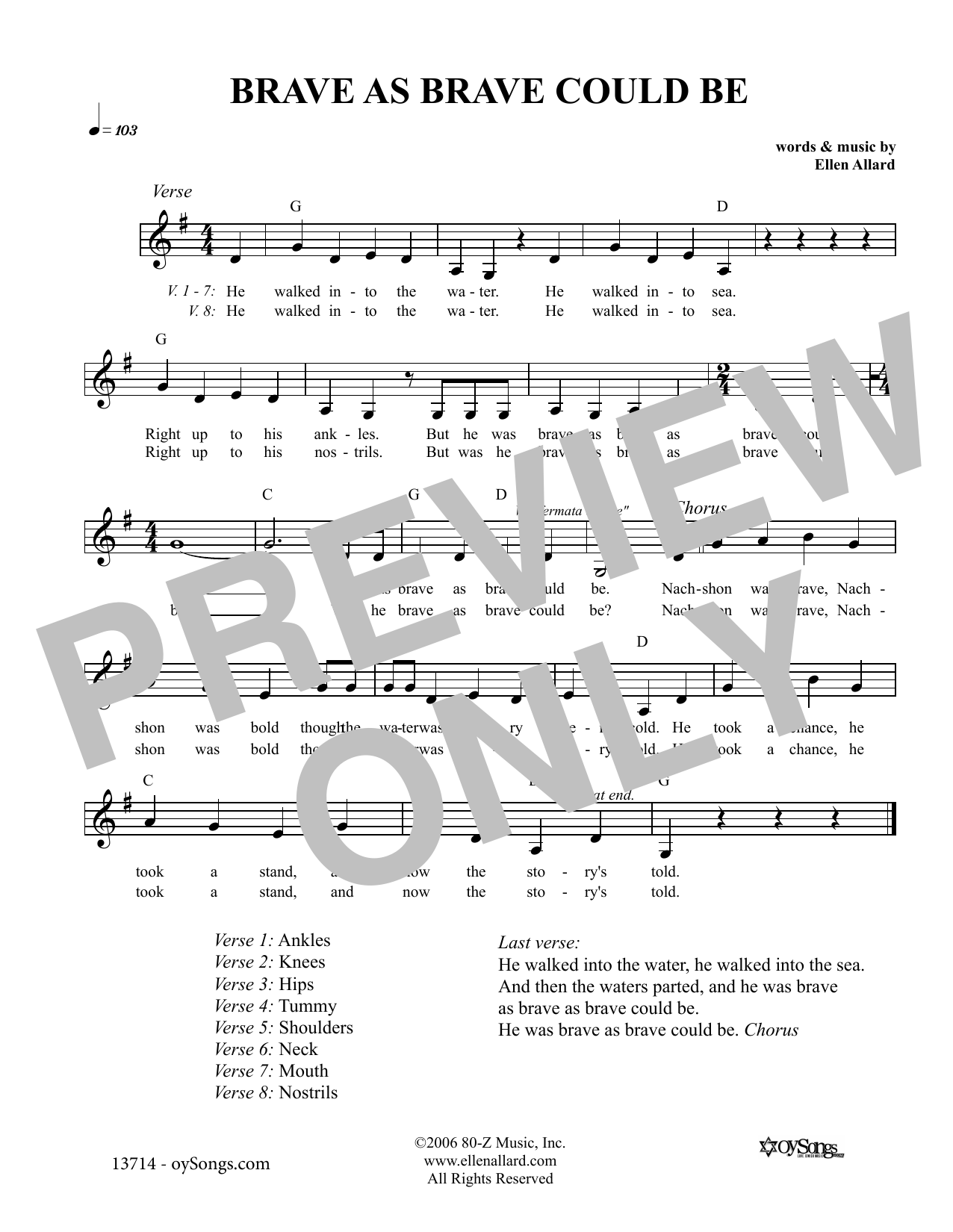 Ellen Allard Brave As Brave Could Be Nachshon Sheet Music Notes & Chords for Melody Line, Lyrics & Chords - Download or Print PDF