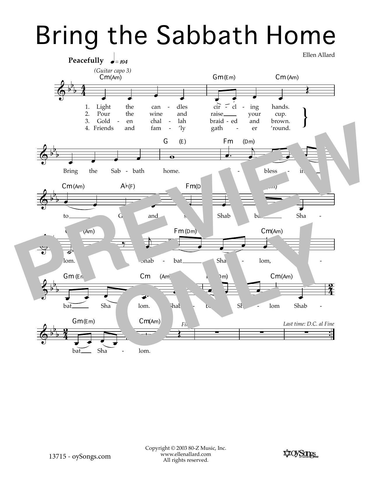 Ellen Allard Bring the Sabbath Home Sheet Music Notes & Chords for Melody Line, Lyrics & Chords - Download or Print PDF
